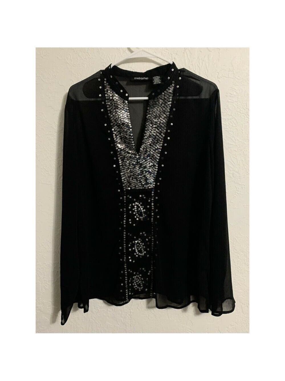 The In Shop Womens Black Top- Xl-Sleeve Sequined Blouse - Picture 5 of 6